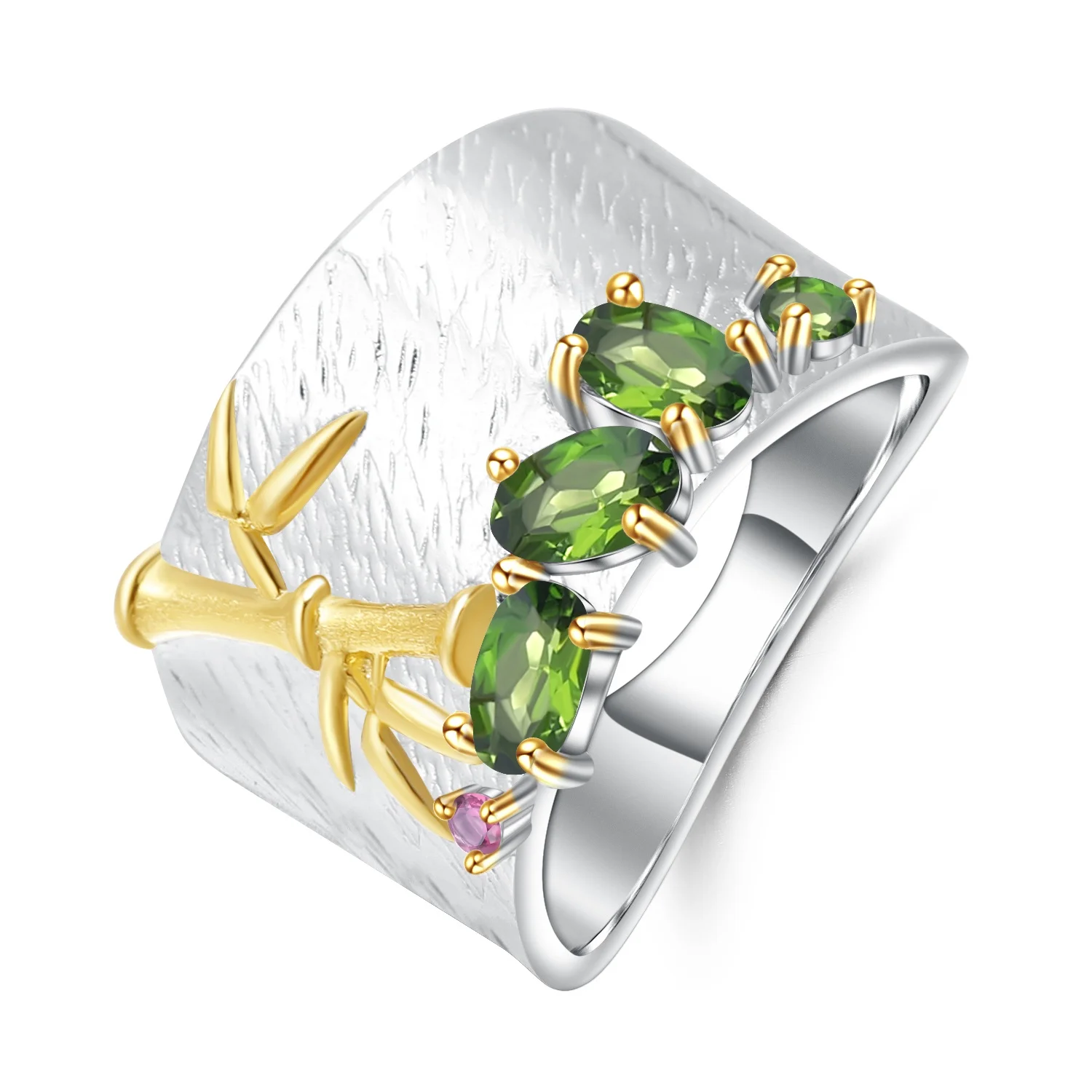 

Abiding Bamboo Natural Chrome Diopside Gold Plated Fashion Finger Sterling Silver Rings Jewelry Women