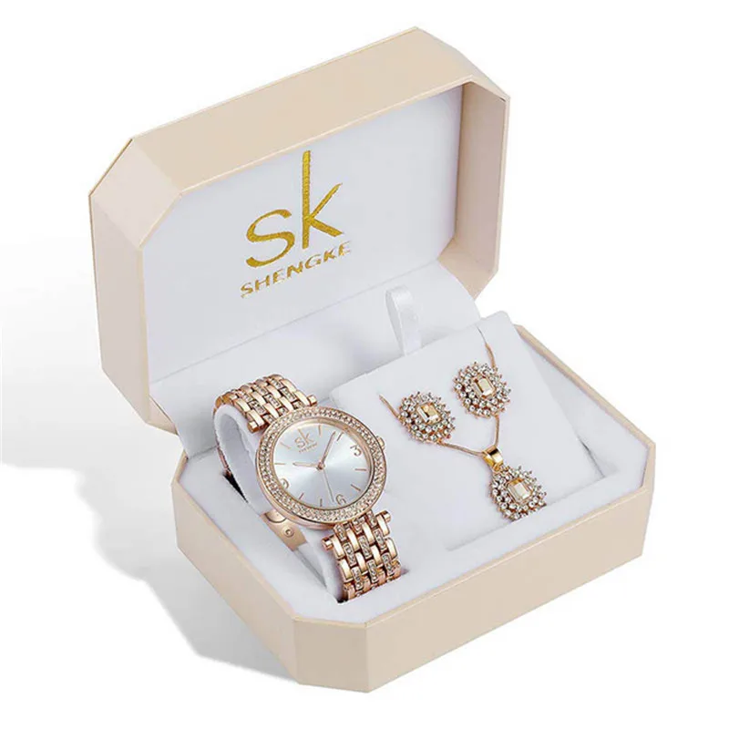 

Shengke Rose Gold Watches Women Set Luxury Crystal Earrings Necklace Watches Set 2020 SK Ladies Quartz Watch Gifts For Women