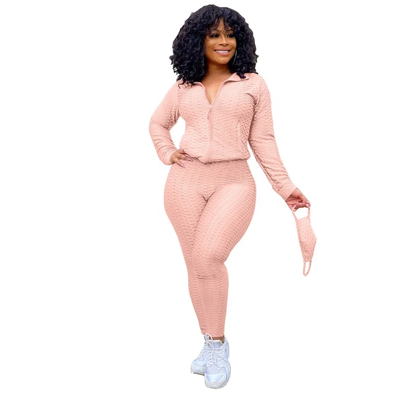 

QC-M2941 New design casual zipper plus size fitness sets with face cover solid breathable women long sleeve yoga 2 piece sets