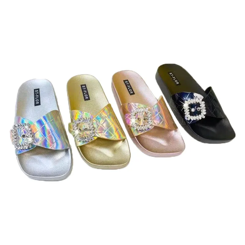 

Wholesale Women Shoes Roman Style Glittering Bright Diamond Sandals Large Size Flat Bottom Slippers Home Slippers