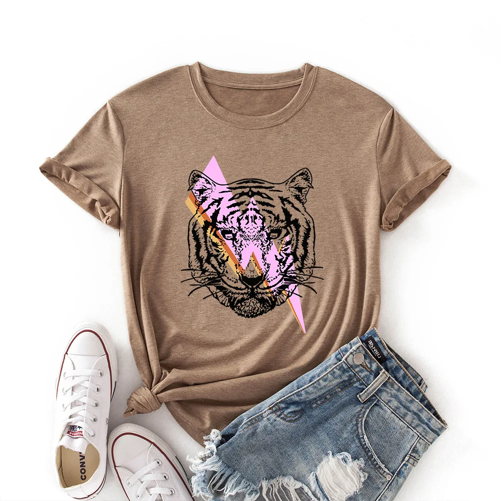 

Tiger Lightning T-shirts Women Short Sleeve Colored Cotton Casual T-Shirt Summer Graphic Tee Shirts Female Clothes Tops Shirt