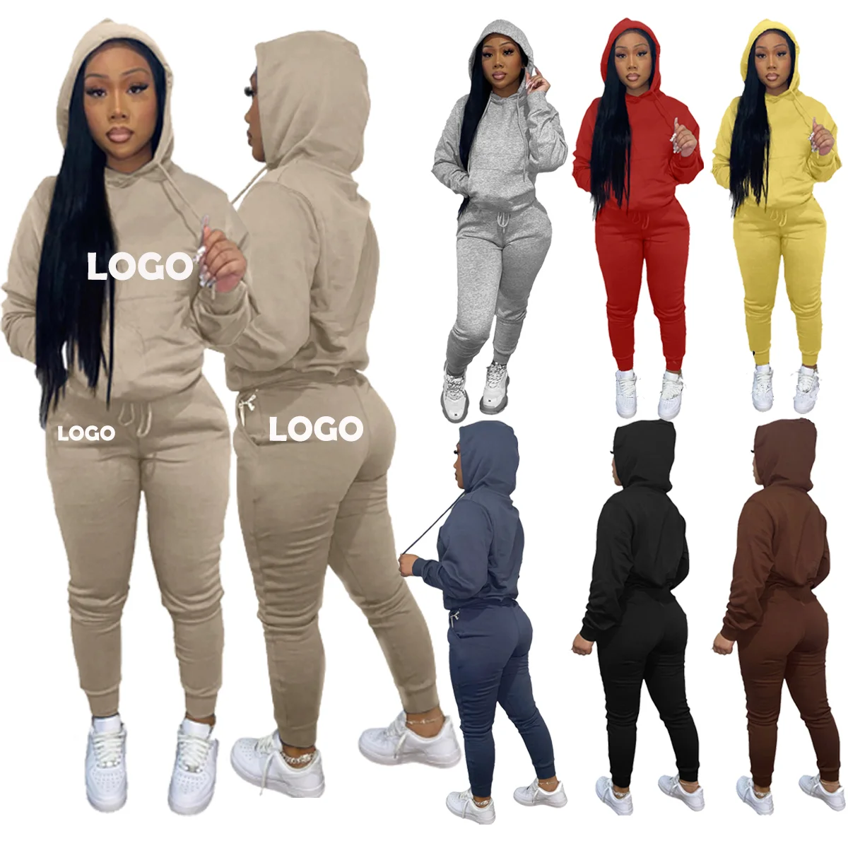 

2021 Fall Winter Workout Clothing 2 Piece Crop Top Hoodie And Sweatpants Women Sweatsuit Tracksuit Two Piece Pants Jogger Set