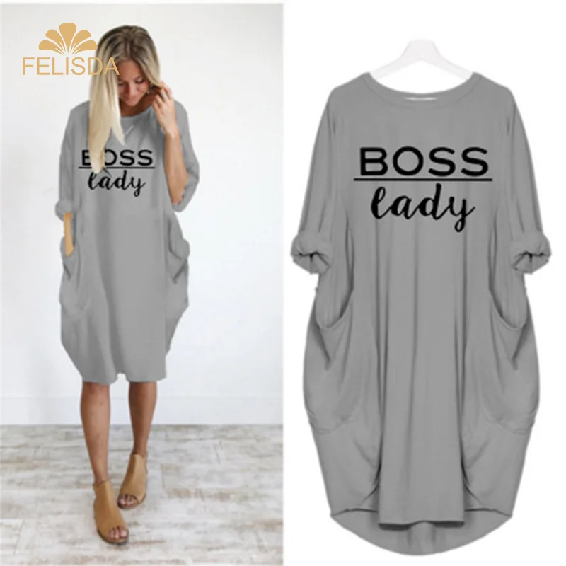 

5XL Black Pink White Dress 2020 Plus Size Pockets Baggy Women Dress Oversized Cartoon Boss Lady Print Long Sleeve Casual Dress