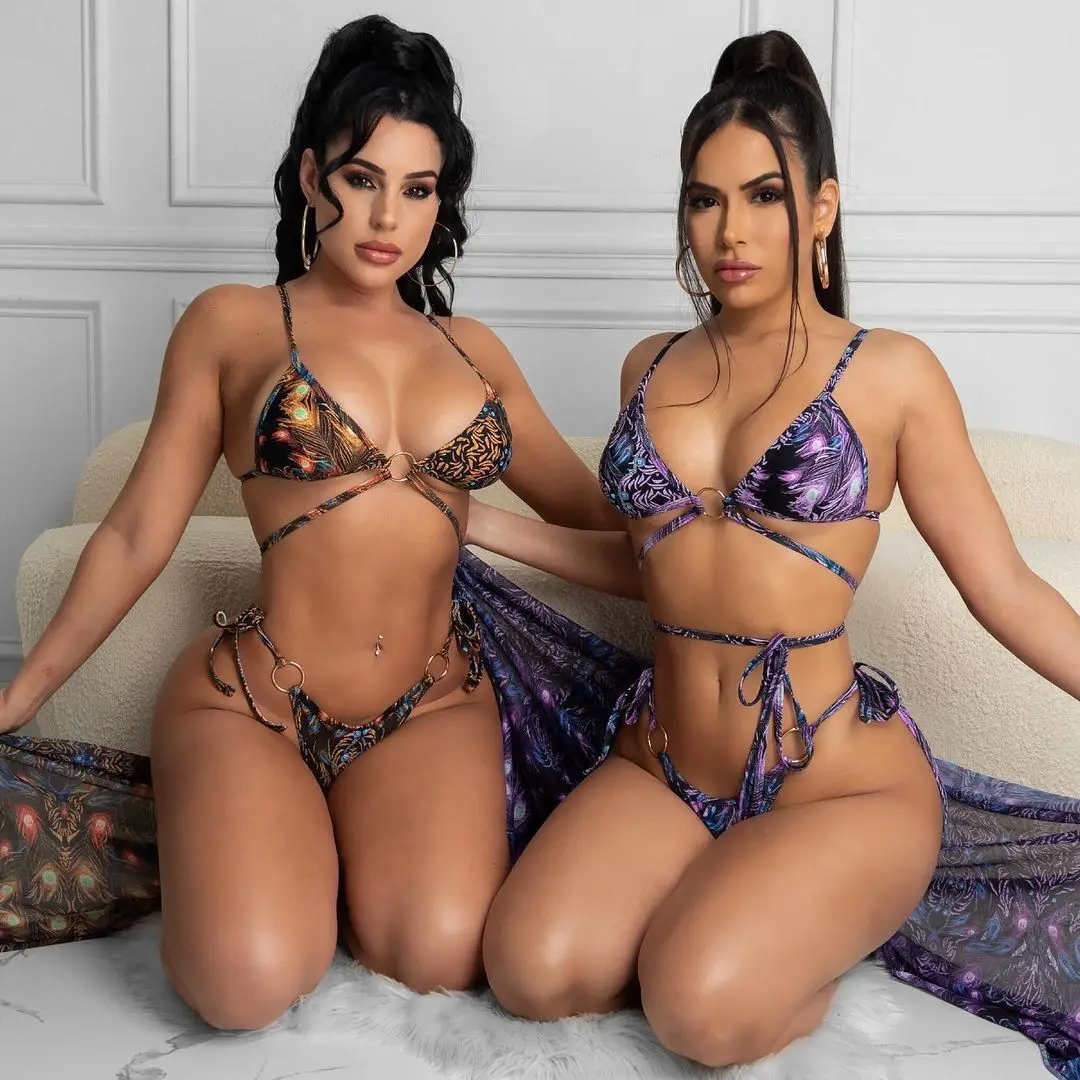

Good Selling Woman Peacock Print Bikini 3 Piece With Sheer Cover Up Cross Strappy Swimsuit