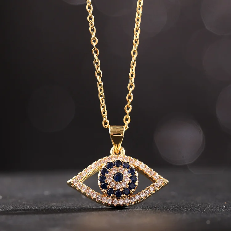 

Vintage evil eye titanium steel 18k gold plated diamond pendant turkish choker inlaid zircon chain necklace