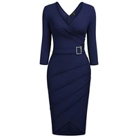 

Latest Design Elegant Deep V-Neck 3/4 Sleeve Women Office Lady Formal Wear Pencil Dress