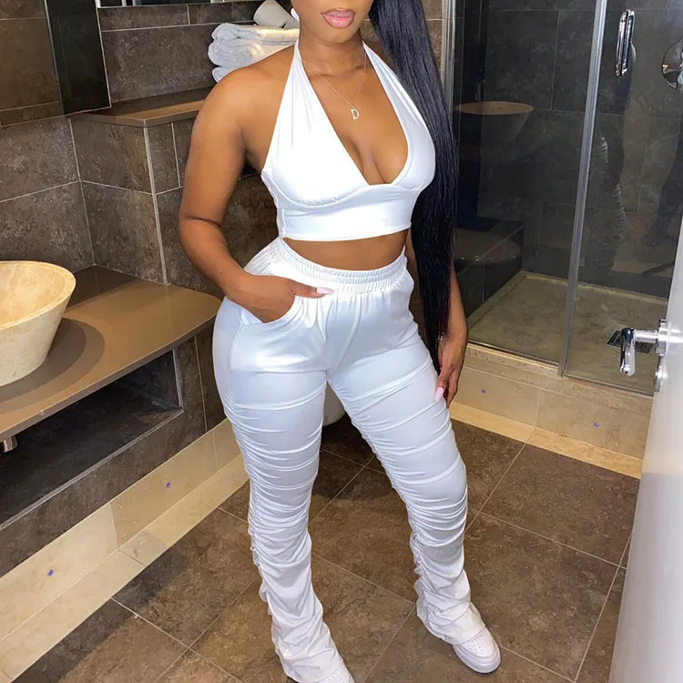 

New Arrivals 2021 Outfits Solid Halter Female Crop Top And Trouser Tracksuit 2 Piece Set Woman Stacked Pants, White,black