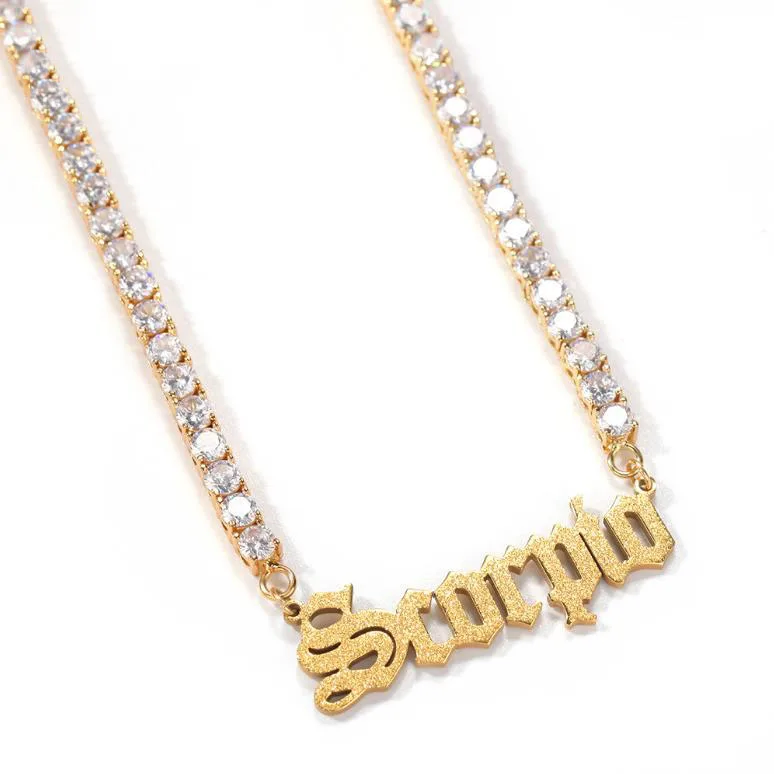 

Old English Letter Twelve Zodiac Sign pendant tennis Necklaces For Women Men
