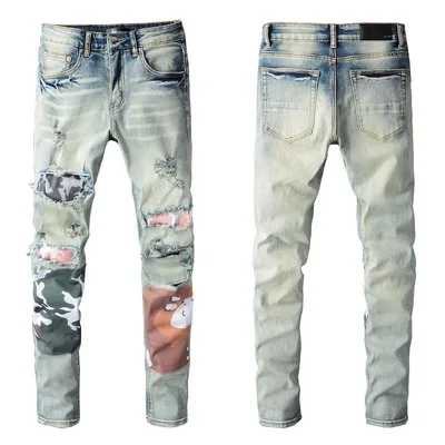 

NSZ31 Light blue denim jeans vendor men embroidered camouflage patch patch stretch jens denim men designer jeans