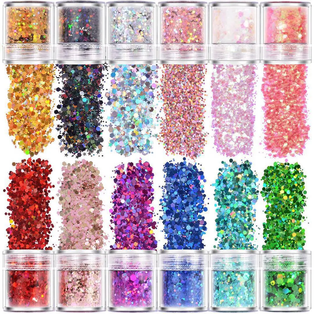 

12 Colors Mixed Holographic Makeup Chunky Glitter Face Body Eye Hair Nail Epoxy Resin Festival Chunky Hexagons Sequins, Picture