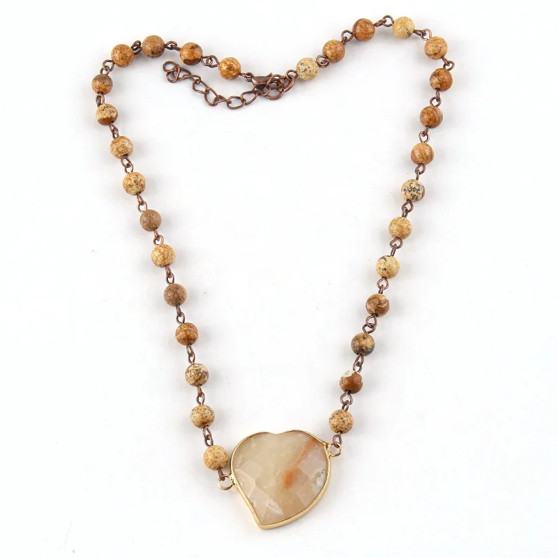 

Fashion 6mm Pic Jasper Rosary Chain Natural Stone Necklace Heart Choker Necklace