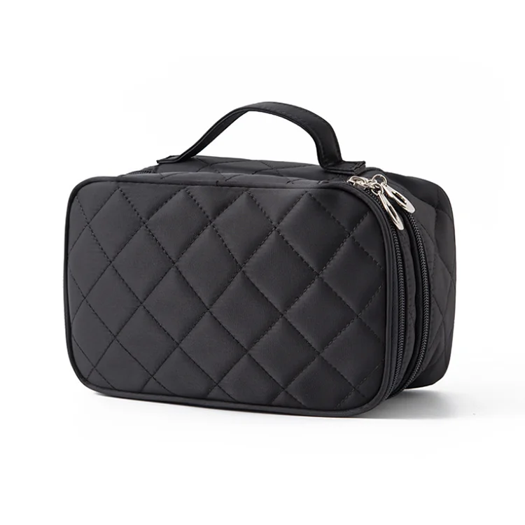 

Double Layer Large Black Quilted Makeup Organizer Bag Cosmetic Bag Mens Toiletries Kit Travel Toiletry Wash Bag