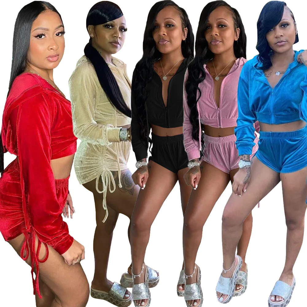 

2022 Women Summer Two Piece Set Lady Long Sleeve Top Shorts Women Velvet pant set