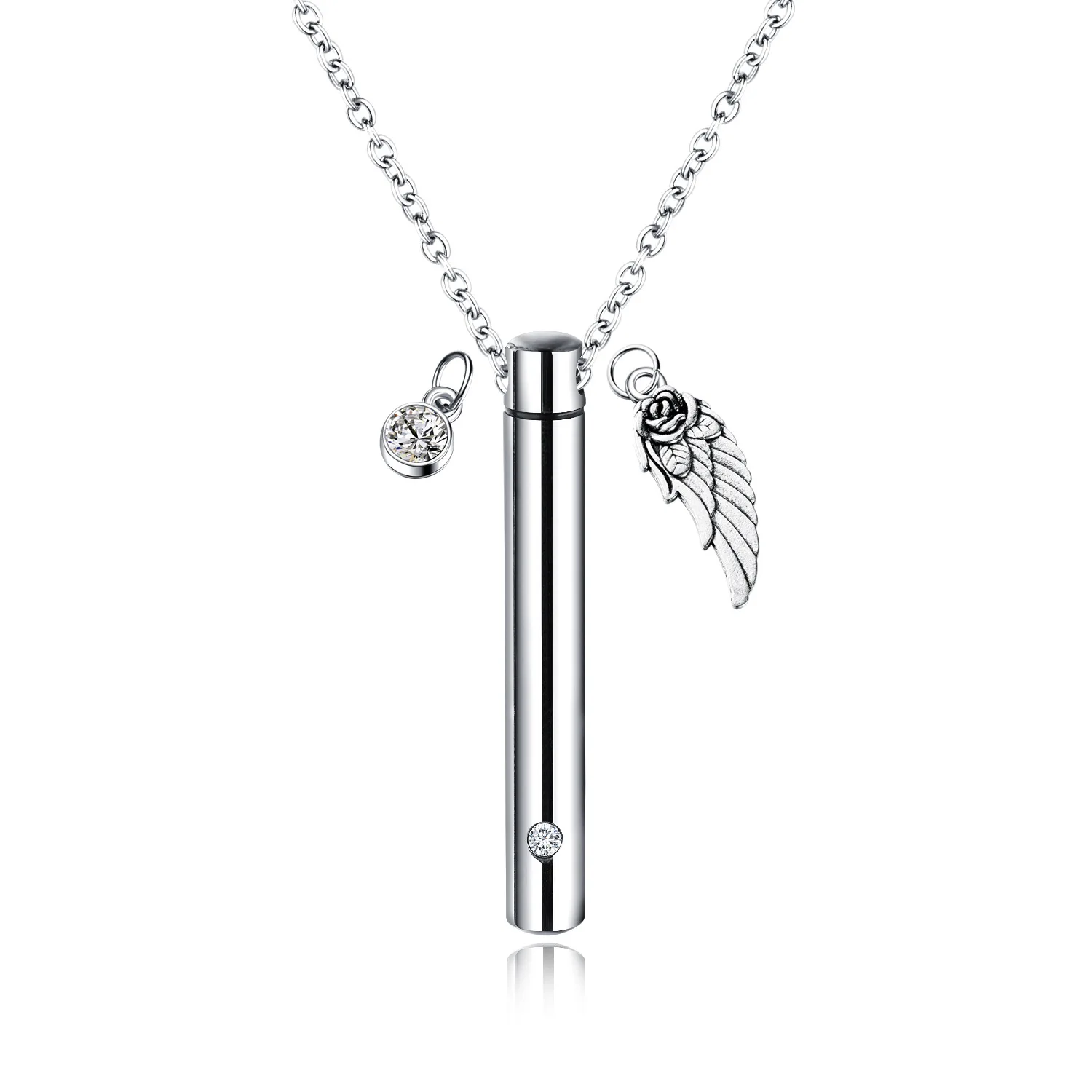 

2020 Crystal Beautiful Cremation Urn Necklace For Ash Jewelry Vendor Stainless Steel Mantra Wing Necklace Ash Pendant Jewelry, White gold black