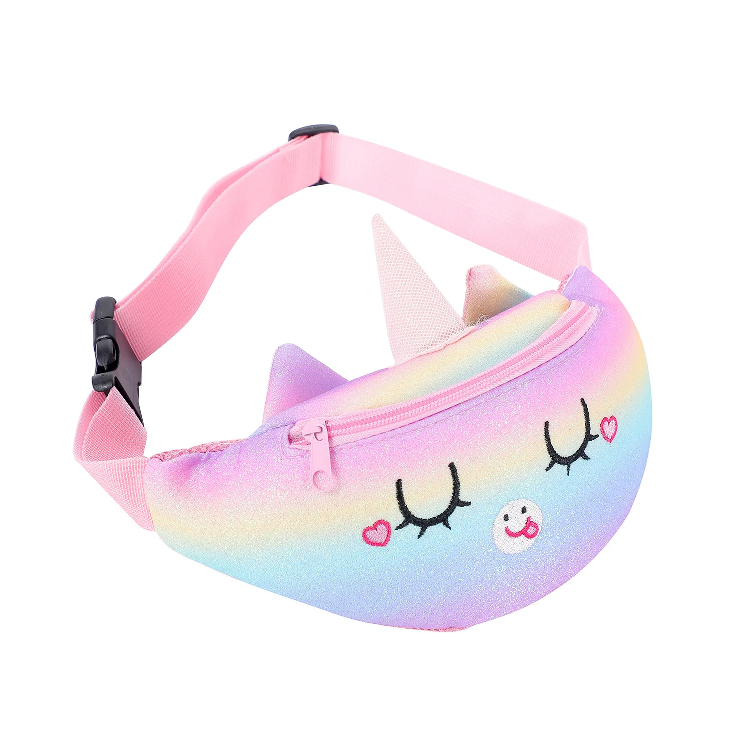 

fashion waterproof holographic glitter PU Unicorn kindergarden kids chidren girls pink fancy pack running crossbody waist bag