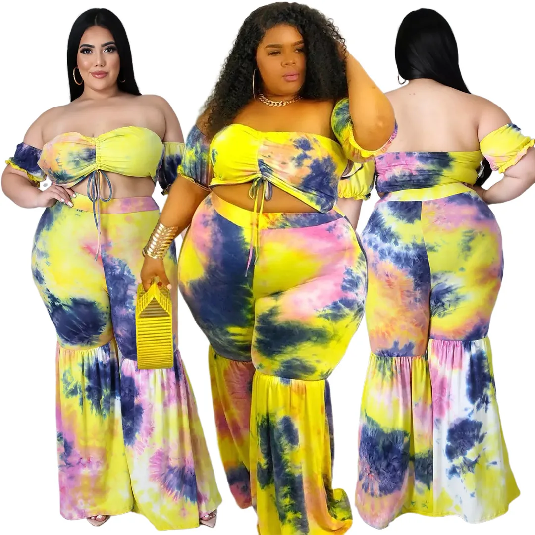 

European and American fashion plus-size women clothing Amazon sexy print ruffled top and belt bell-bottom trouser set