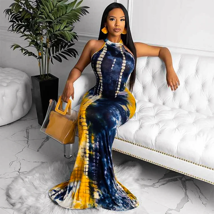 

Wholesale Women Ladies Casual Dresses Elegant Sleeveless Maxi Dress Tye Dye Print Long Bodycon Dress