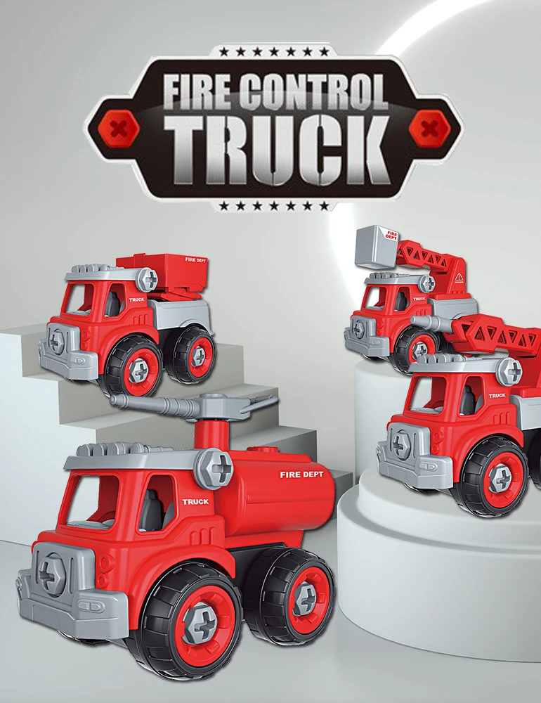 Kids Toys Creative Education 4 In 1 DIY Fire Engine Truck Toys,  Assembly Building Block Fire Car Model Vehicle Toy Set