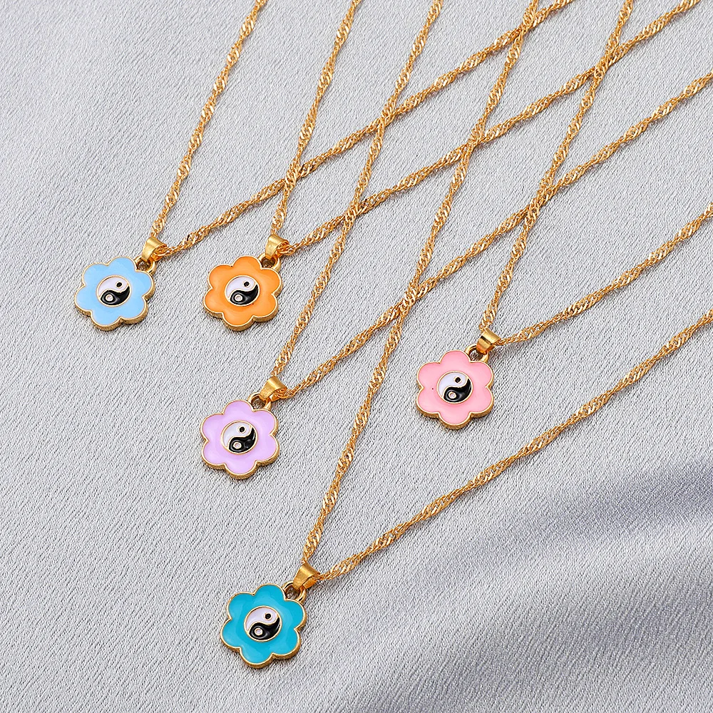 

18K Gold Plated Adjustable Chain Colorful Oil Drip Flower Pendant Necklace Enamel Chinese Tai Chi Yin Yang Necklace for Balance