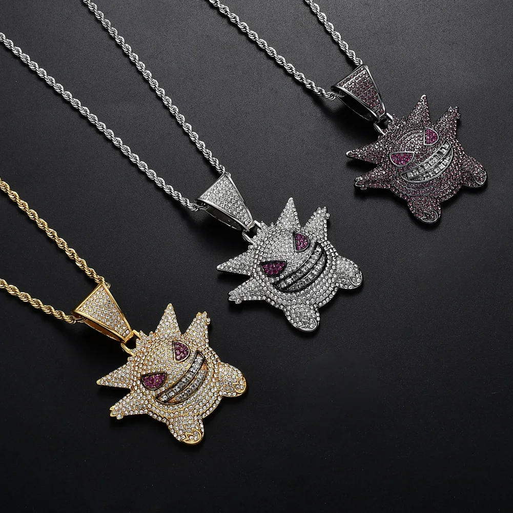 

Hip Hop 18K Real Gold Plated Anime Ghost Necklace Micro Inlaid Iced Out Cubic Zirconia CZ Cartoon Elf Ghost Pendant Necklaces, Picture