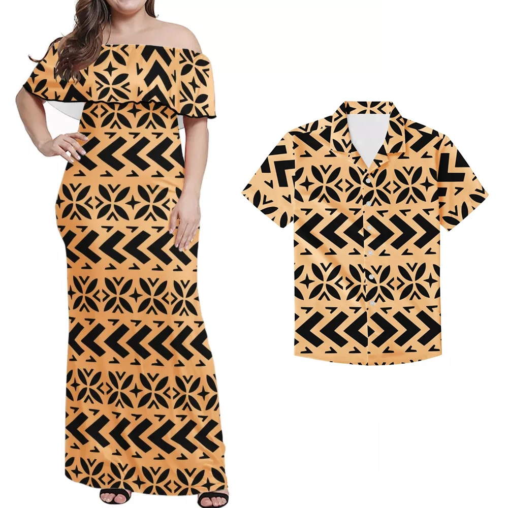 

Tattoos Polynesian Tribal Novel Design Printed Women Ruffle Off Shoulder Dress Match Men Shirts Fashion Couple Clothing big size, Customized color