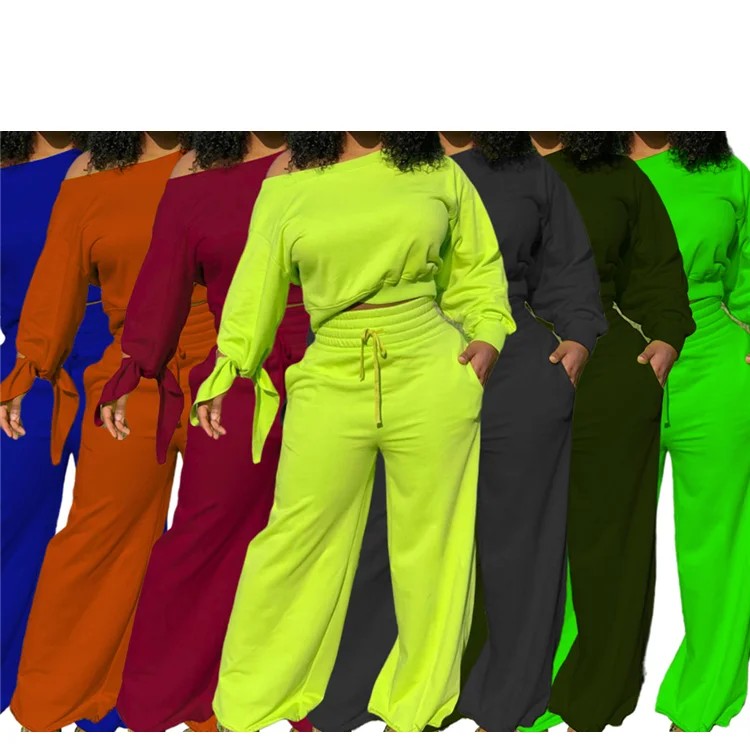 

Latest Design Ladies Clothing Long Sleeve Tops And Wide Leg Pants Solid Color Women Two Piece Set, Picture