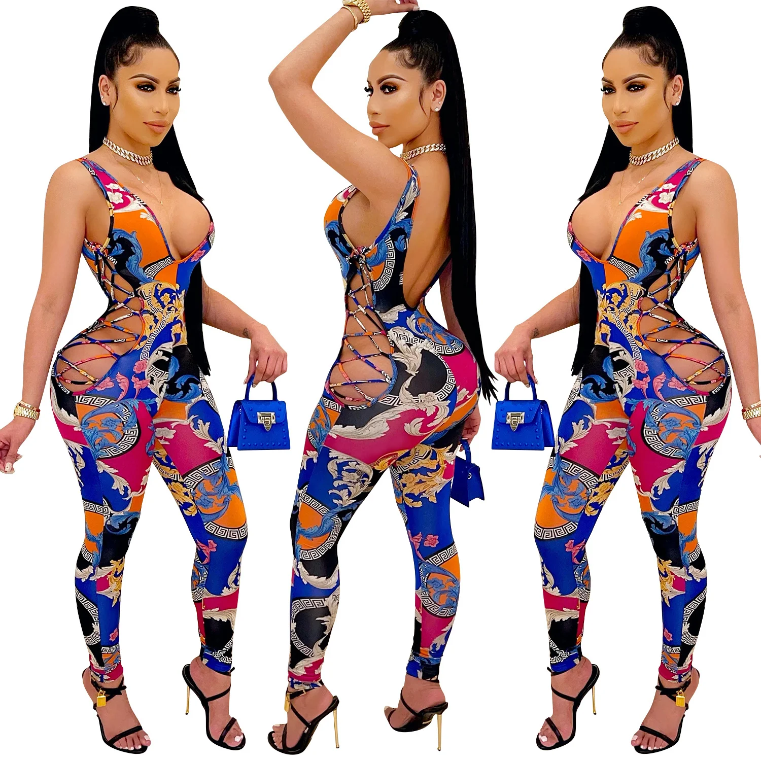 

Summer 2021 trendy chic design women paisley hollow out jumpsuits v neck strap backless stacked pants set nightclubs, 4 color as picture