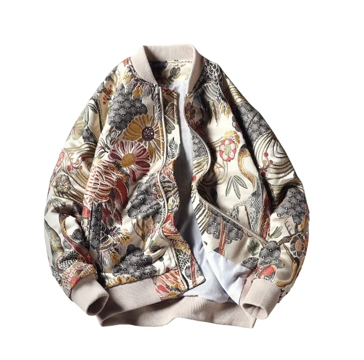 

National Style Floral & Crane Chinese Style Embroidery Jacket Stand Collar Long Sleeve Bomber Jacket Men's Clothing, Picture