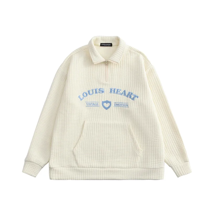 

High quality autumn waffle polo collar half zipper sweater men and women street clothes embroidered hoodie