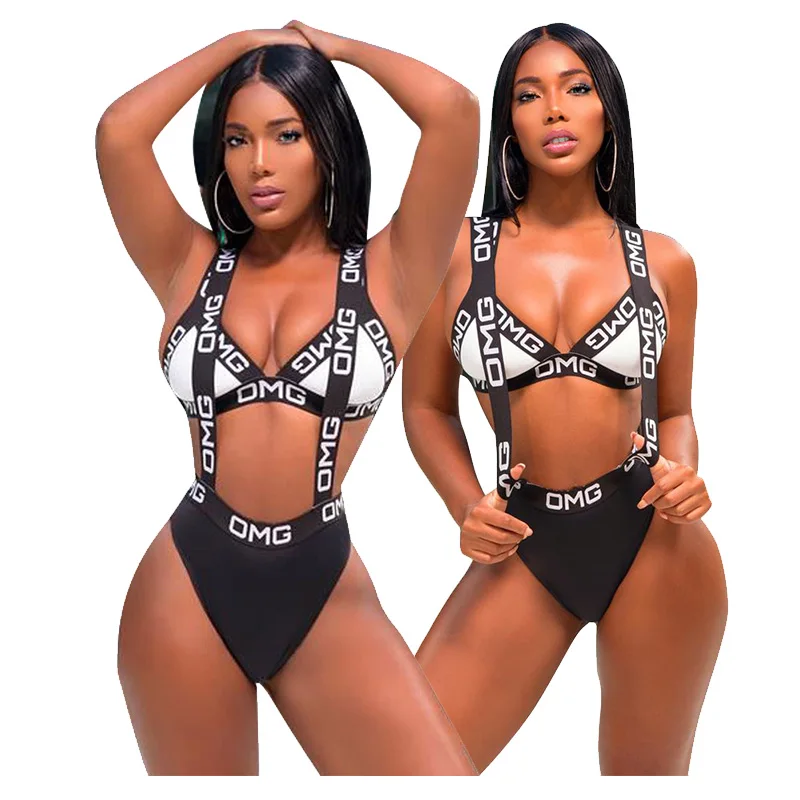 

High Quality Stylish Women Two Piece Beach Swimwear High Waist Letter Solid Bandage Sexy Girls Bikini Swimsuits, Picture showed