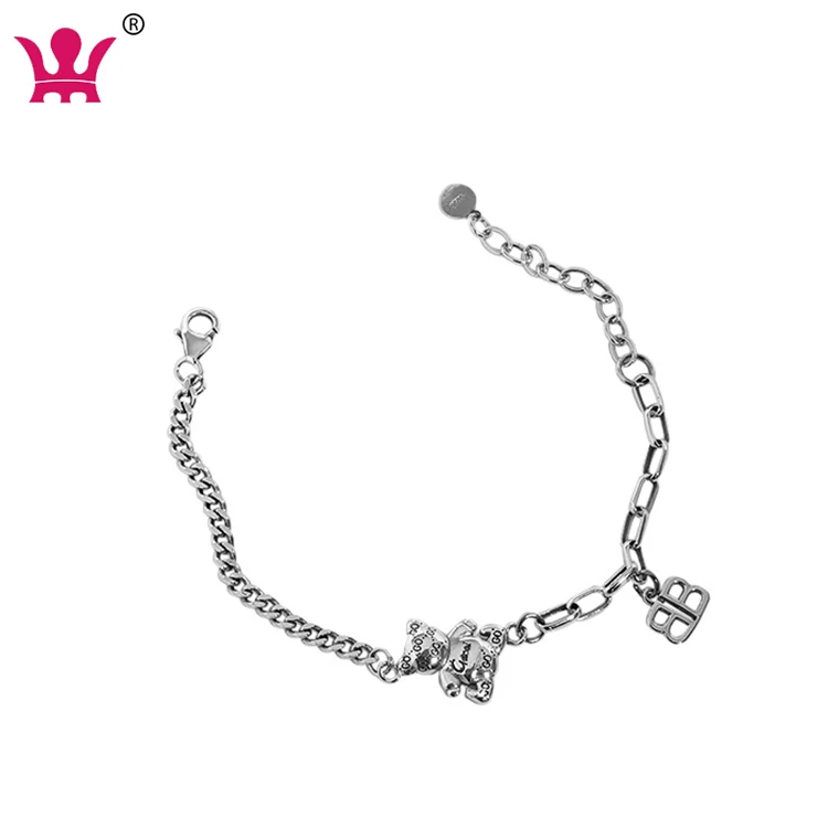 

925 sterling silver BB Teddy Bear Go Go Bracelet vintage link Chain Charm Bracelet
