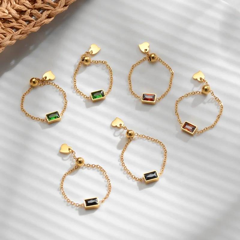 

New Design Rectangle Green Diamond Charm Chain Rings Trendy 14k Titanium steel Square Zircon Adjustable Finger Ring Women Girls