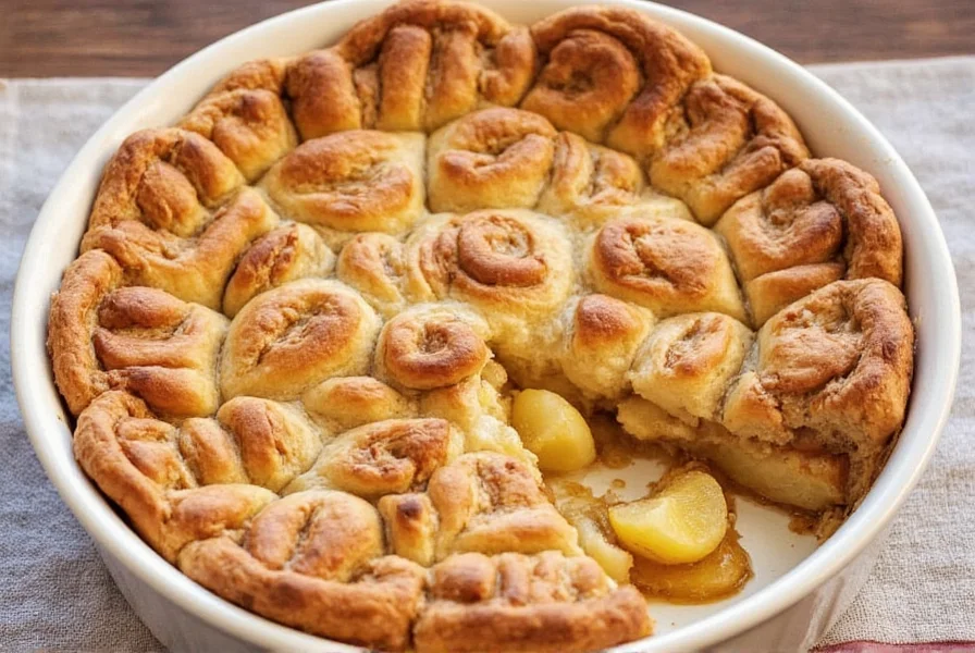 Step-by-step assembly of cinnamon roll layers with apple pie filling in baking dish