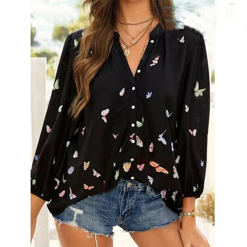 

Colorful fashion elegant style american hot sell ] butterfly printed wholesale cheaper woman tops fashionable blouse