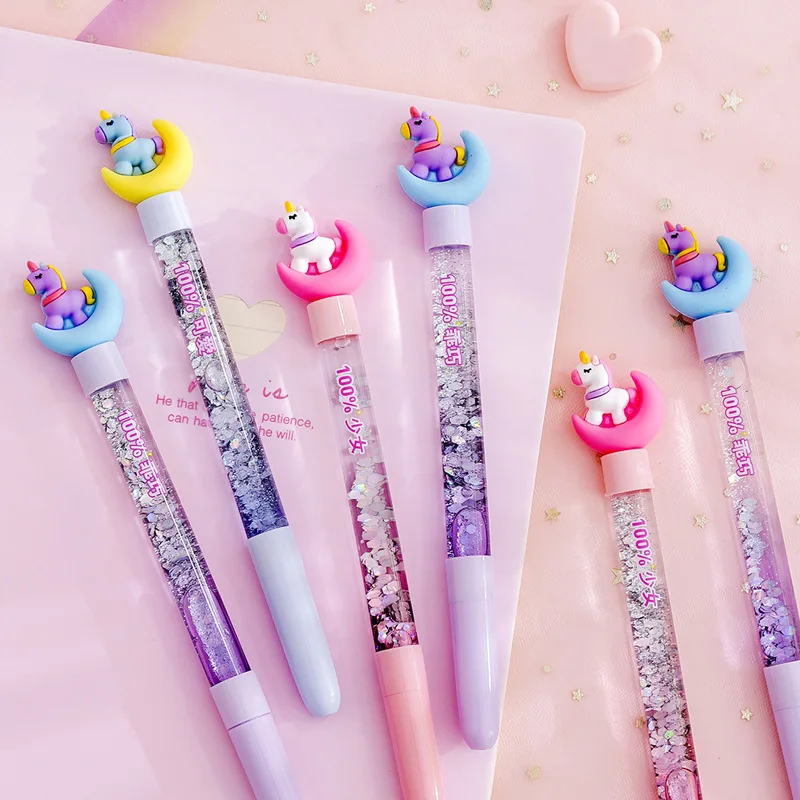 

Creative and lovely moon unicorn liquid quicksand plastic pen Fairy oil in sequins Colorful gel ink pen for students fancy pen