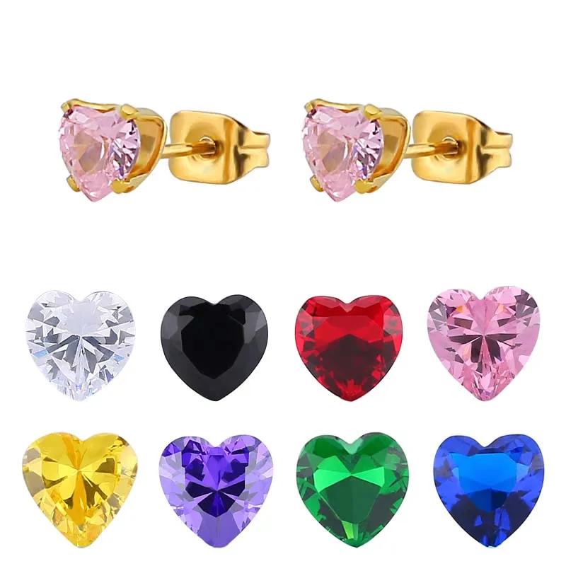 

Stainless steel 3mm fashion love hypoallergenic earrings heart-shaped color zircon super flash earrings, Green
