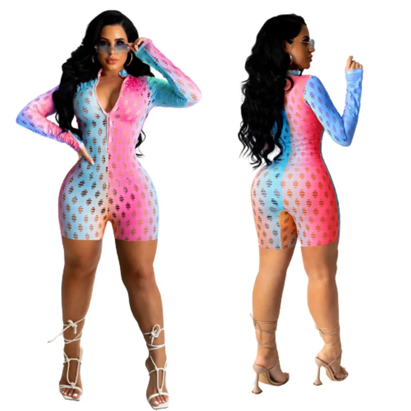 

2021 New Fashion Color Blocking Hole Shorts Jumpsuit V Neck One Peice Jumpsuit Women Shorts Female Jumpsuits, Picture color