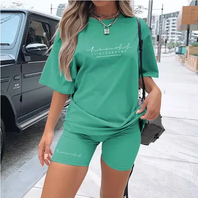 

Wholesale Summer Two Piece Short Set Girls T Shirts Ladies Oversized T-shirt for Women Shirt and Shorts Set Summer Shorts Set