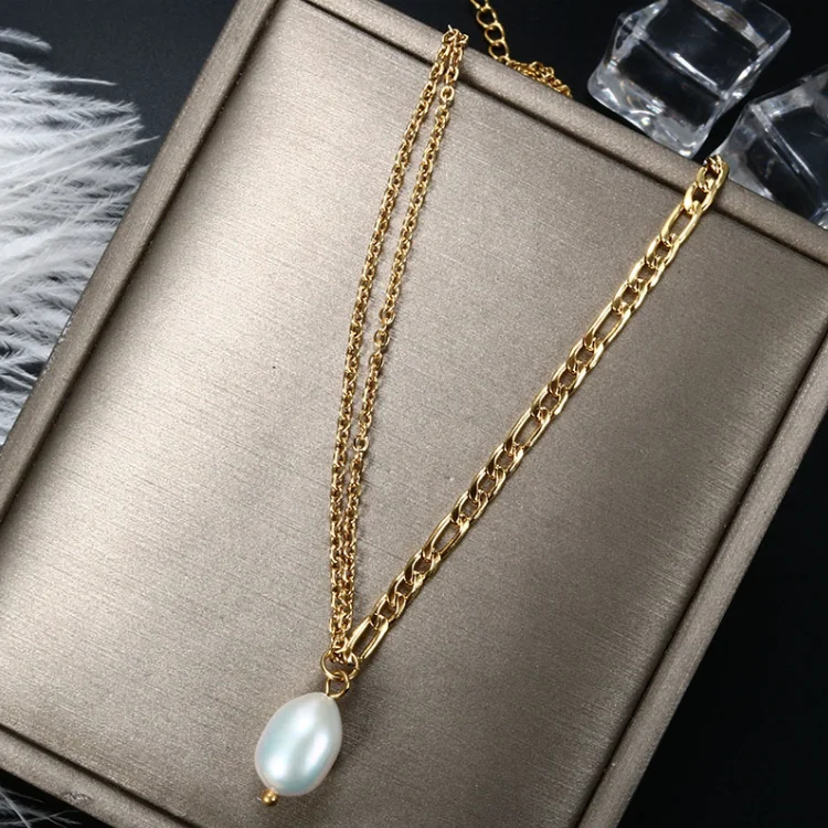 

Trendy Dainty Jewelry Double Chain Woman Accessories Gold Plated Stainless Steel Baroque Pearls Pendant Necklace, Gold/silver/rose gold