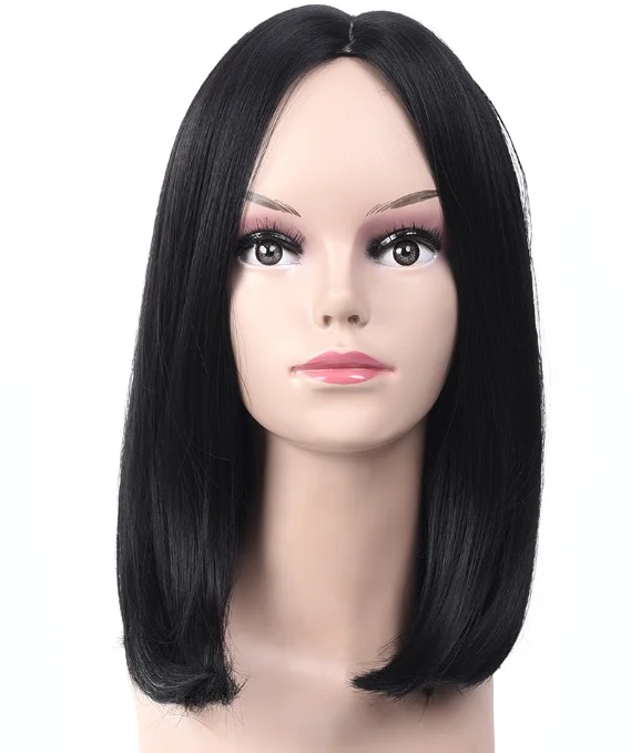 

New popular Black short and straight hair wig synthetic human hair blend wigs, Accept customer color chart