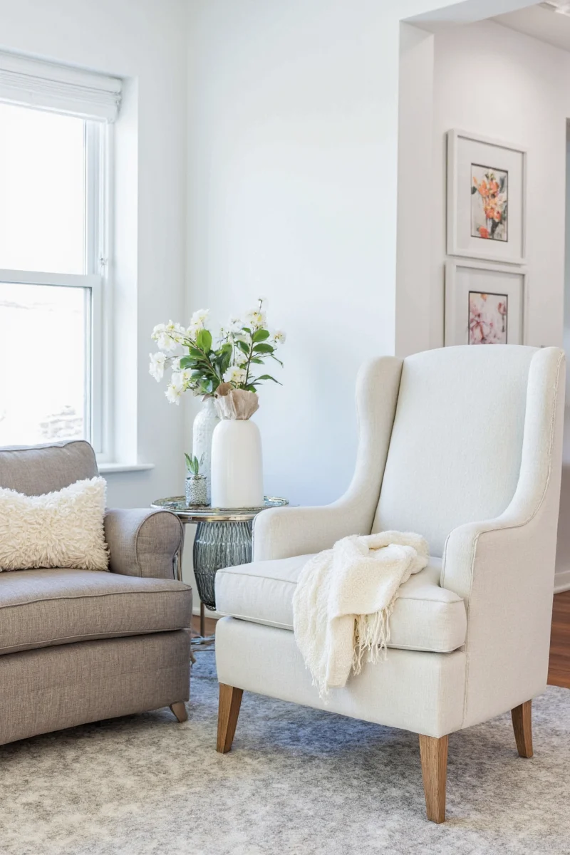 Decor items and art in seagull color palette