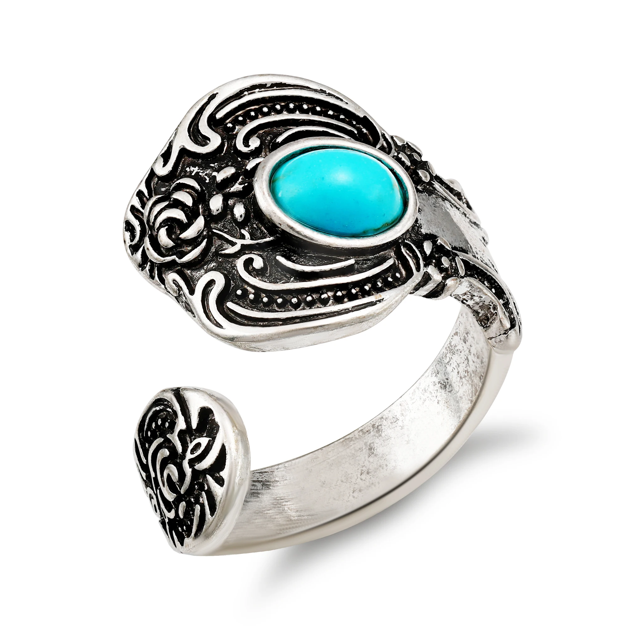 

Vintage Boho Ring Anti Silver Blue Turquoise Stone Semi-Precious Bohemian Rings Flower Open Finger Ring For Women Men