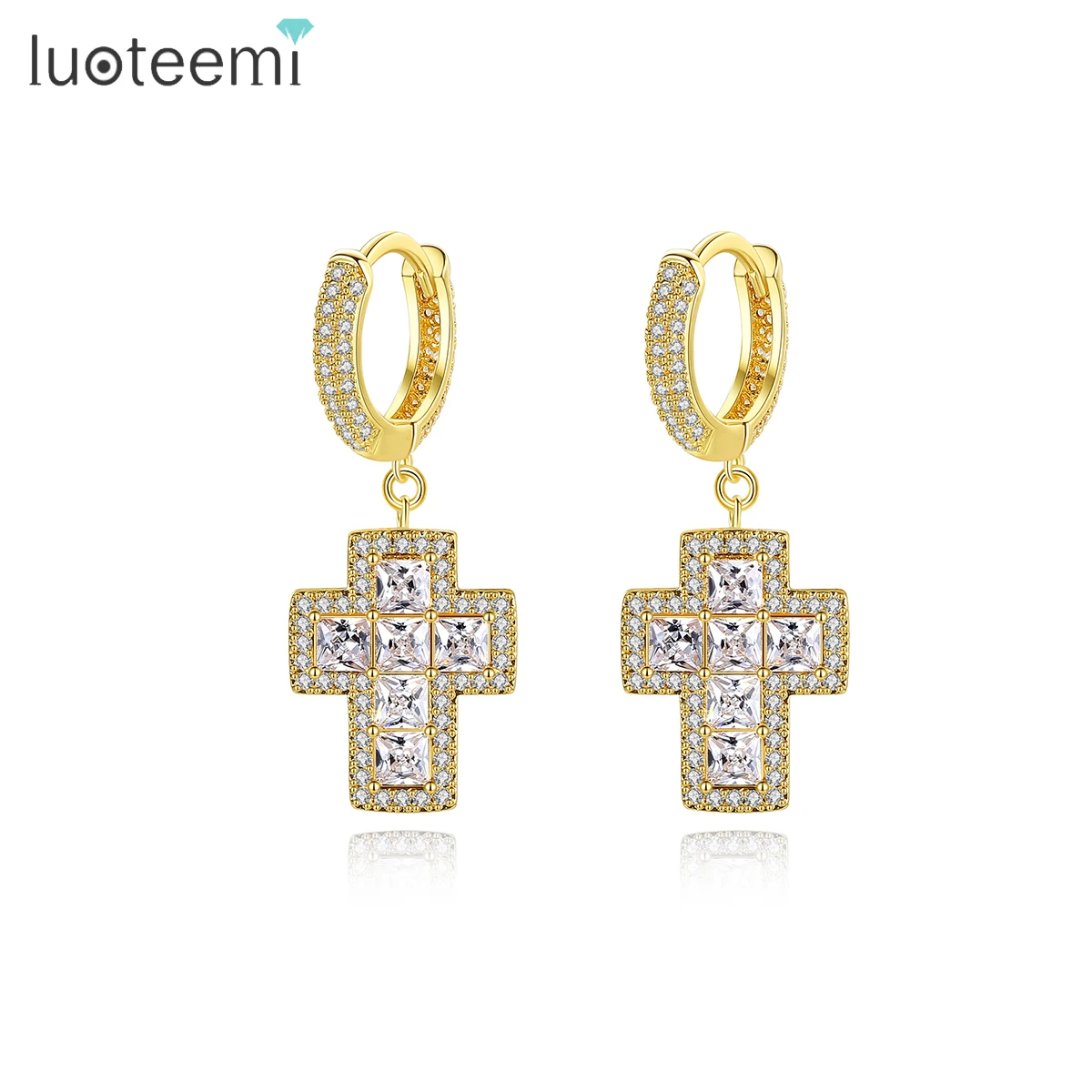 LUOTEEMI Brass Setting Zircon Ice Out Hoop Earrings Gold Plated Fashion Cross Clip Earrings Men Hip Hop Cross Earrings