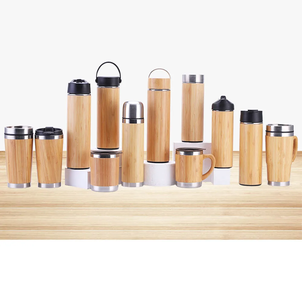 

Custom Logo Eco Friendly Natural Drink Tea Flask Vacuum Stainless Steel 450Ml Bamboo Water Bottle Bamboo Lids With Handle, Customized available