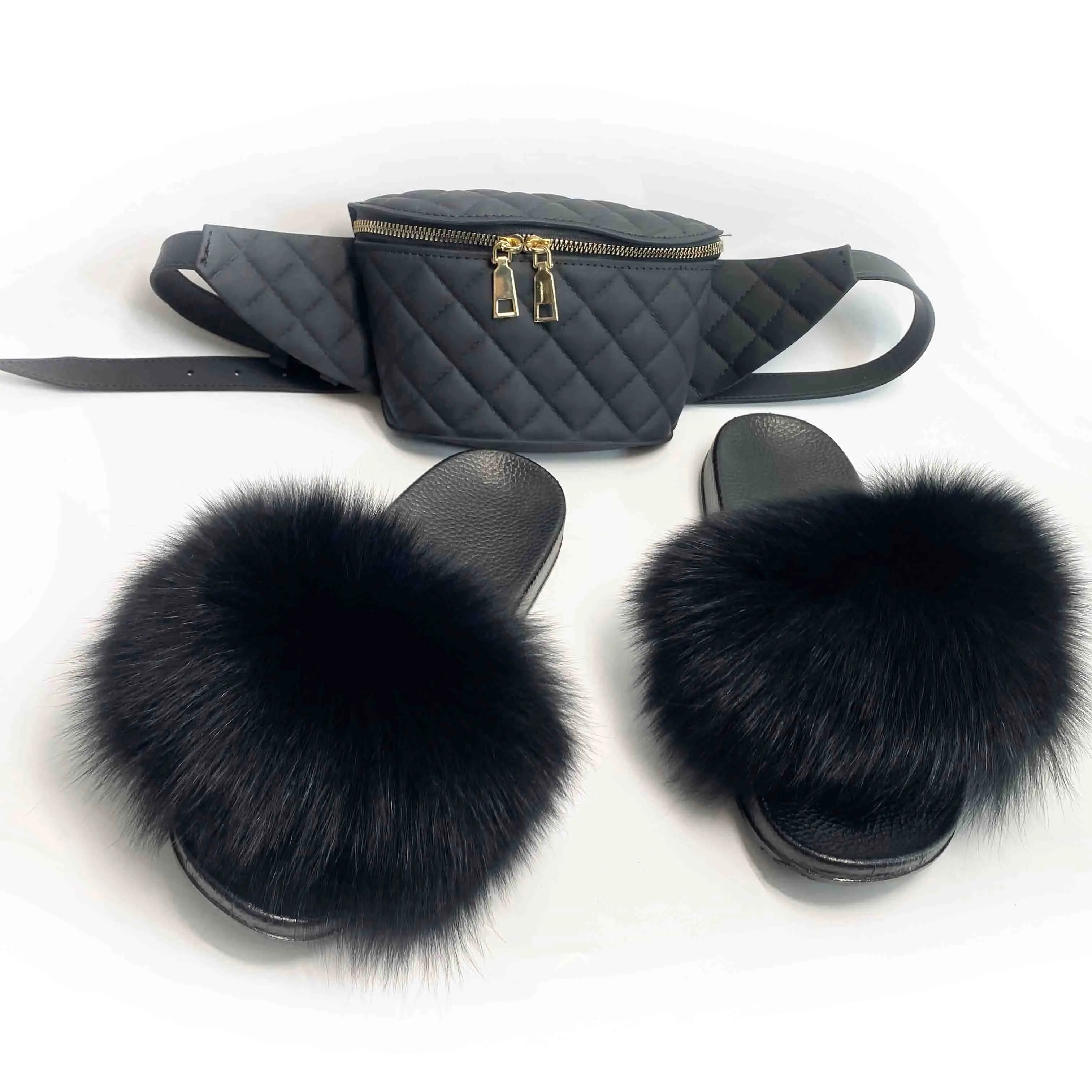 

Furry sandals cheap rainbow fox fur wholesale fanny pack jelly purse and matching fur slides women fluffy slippers