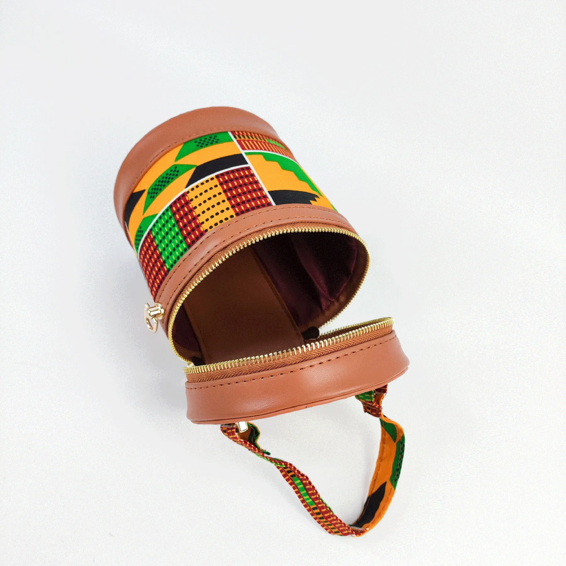 

Bucket Bag Leather And Wax Fabric Daily Accessories For Girls Trendy Design, Kente