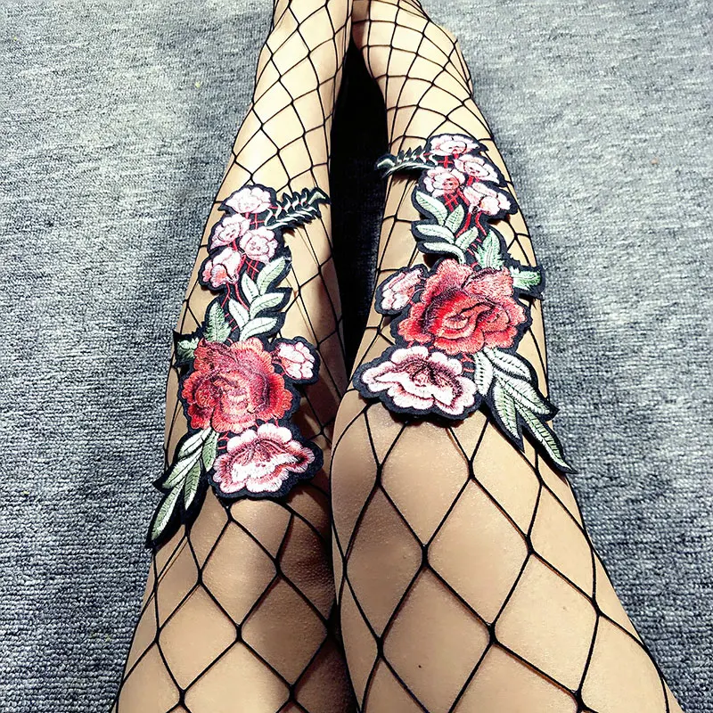 

womens fishnet tights suspender pantyhose thigh high stockings with Embroidered flowers