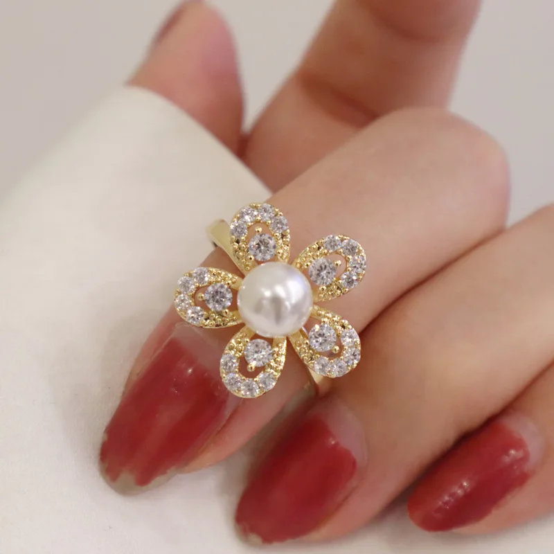 

Exquisite Full Crystal Diamond Flower Rings Adjustable Big CZ Pearl Petal Flower Ring for Women Jewelry