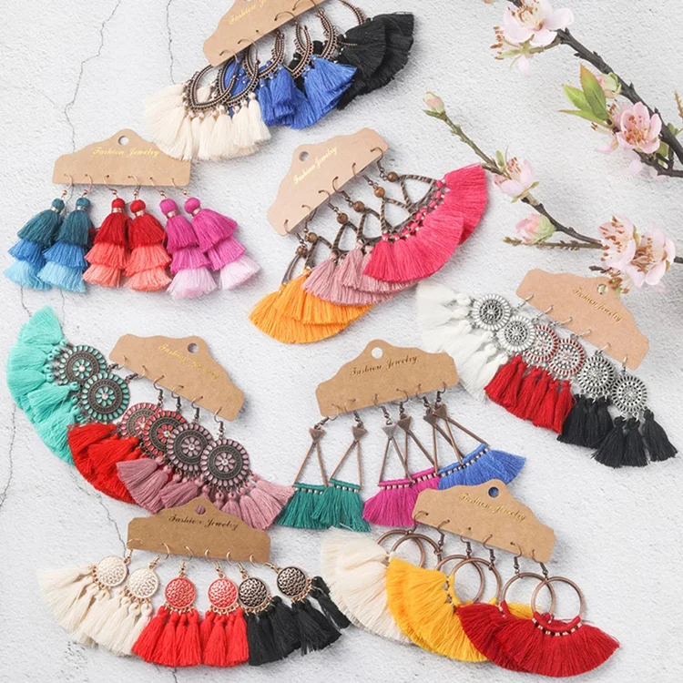 

2020 Fashion Perfect Big Tassel Vintage Ethnic Bright Colors Long Fringe Earrings Set Statement Jewelry Gifts for Women