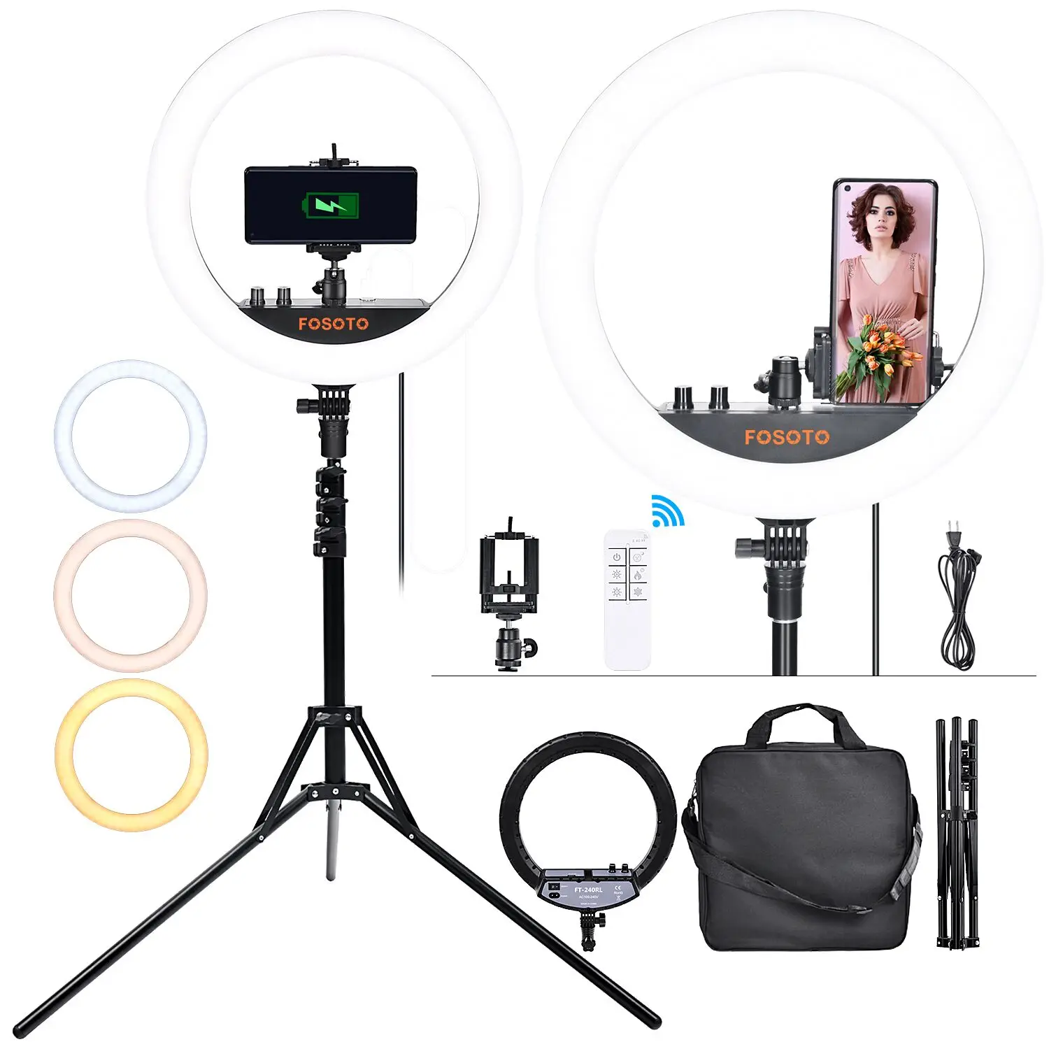 

Indonesia Free Shipping FOSOTO RL12-240 Tiktok 14 inch camera rechargeable USB port phone led ring light for makeup with mirror, Black